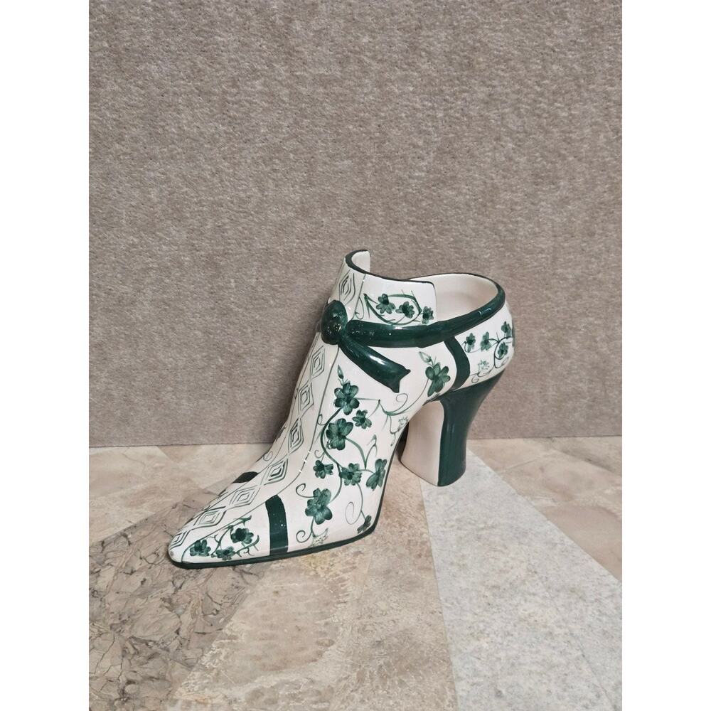 Vintage Hand Painted Ceramic Irish Shamrock High Heel Shoe Planter